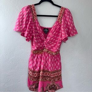 Angie Pink Boho Vibes Printed V-Neck Short Sleeve Romper size large